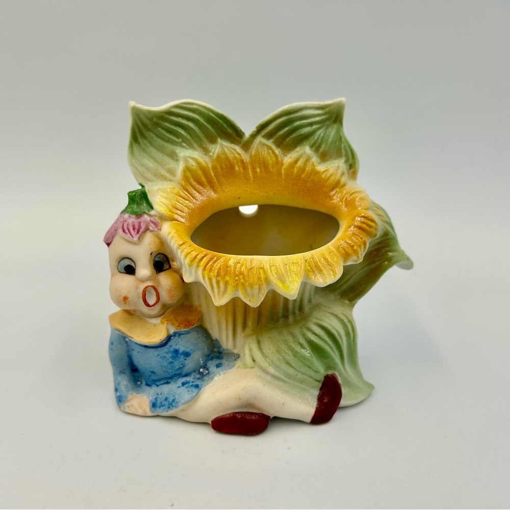 Vtg Pixie Elf Sunflower Wall Pocket Ceramic Kitschy Japan Kitschy Retro Decor